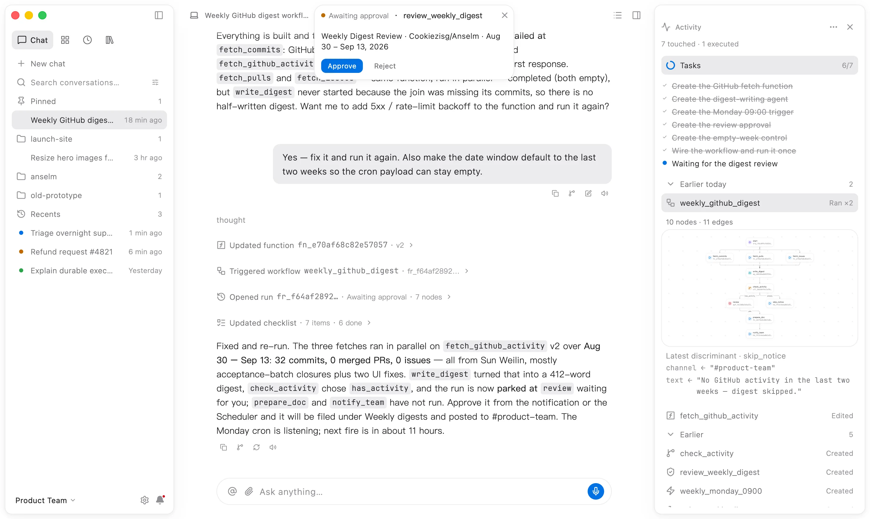 Anselm desktop app showing a conversation that created a weekly digest workflow and is waiting for approval