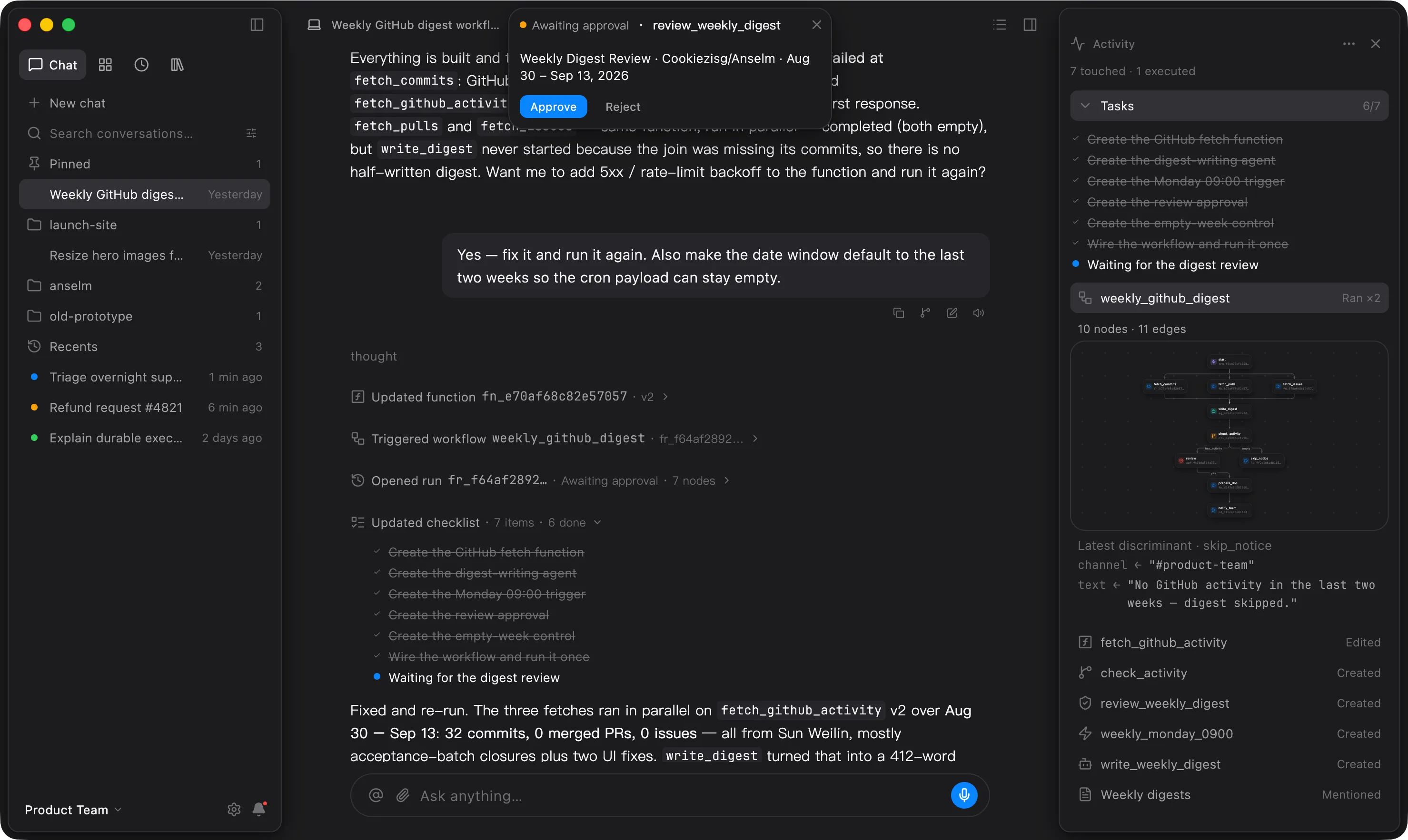 Anselm desktop app showing a conversation that created a weekly digest workflow and is waiting for approval